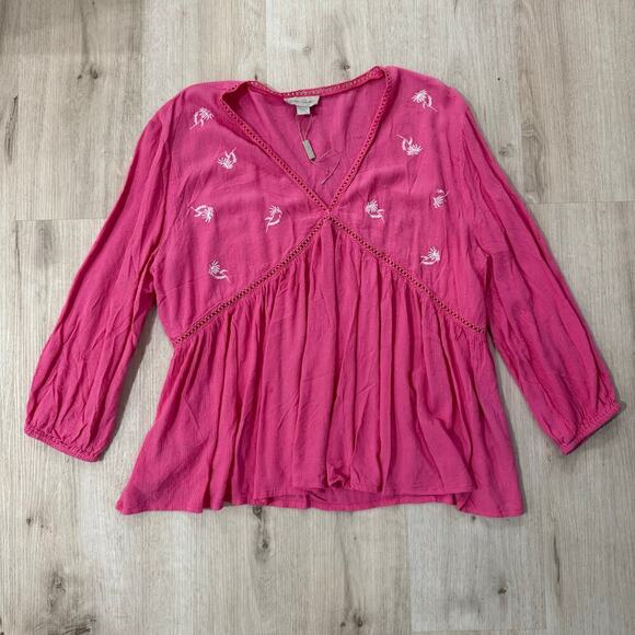 Charlie Paige Pink Boho Floral Girly Western V Neck Babydoll Top Size XL - Picture 1 of 5